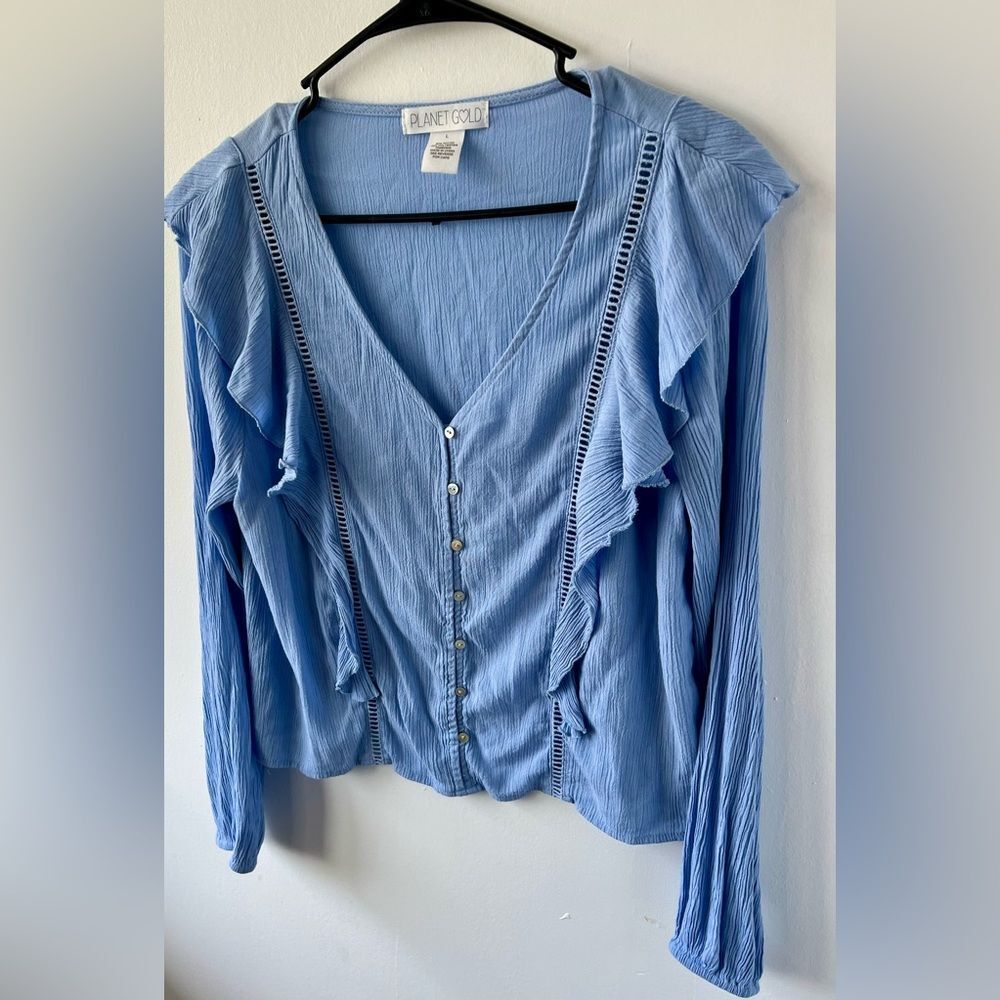 Planet Gold Women’s Blue ruffled v-neck crinkle blouse Cropped Peasant Boho Sz L - Picture 3 of 6